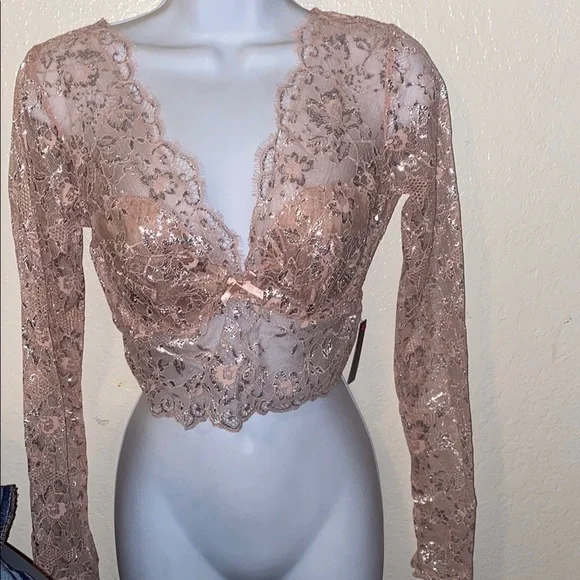 Pink Lace Long Sleeve Crop Top - Picture 1 of 6